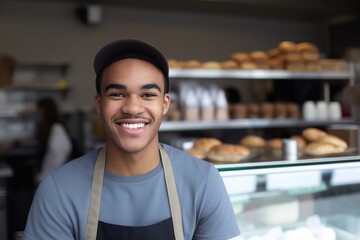 owner portrait business shop job service bakery delivery food store order fast courier, created using generative AI technology