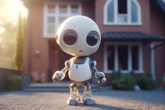 Cute friendly robot standing in front of the couse. Cartoon character, real estate agent or housekeeper. Generative ai. High quality photo Generative AI