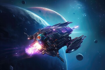 Obraz na płótnie Canvas Spaceship flying through a colorful nebula, with a purple and blue color scheme and a futuristic space suit. Generative AI