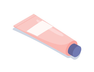 Cream tube concept. Cosmetic product for skin care, rejuvenation and fight against acne and blackheads. Equipment for applying face mask. Cartoon isometric vector illustration