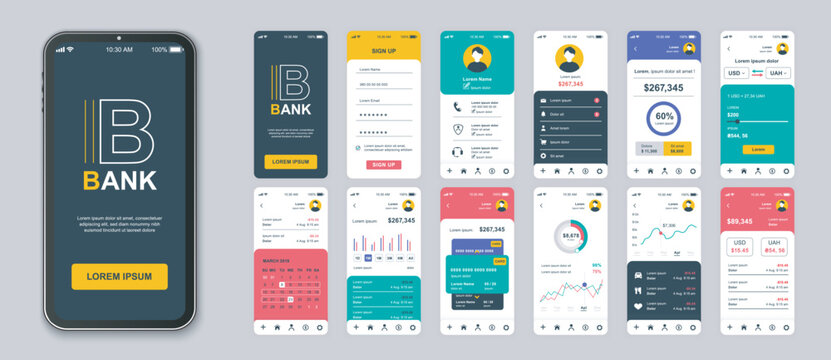 Banking mobile app screens set for web templates. Pack of login, financial account, personal balance, money transfers and other mockups. UI, UX, GUI user interface kit for layouts. Vector design