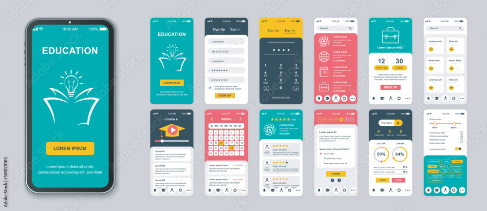 Poster Education mobile app screens set for web templates. Pack of login, different lessons, progress statistics, calendar, schedule, other mockups. UI, UX, GUI user interface kit for layouts. Vector design