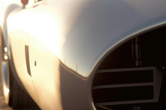 An upclose shot of a vintage racecar with chrome highlights and a bright white paint job the sun glinting off its Speed drive concept. AI generation. Generative AI