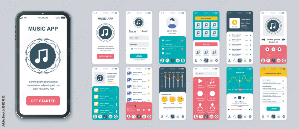 Aufkleber Music mobile app screens set for web templates. Pack of login, songs playlist, audio player, equalizer, settings, streaming and other mockups. UI, UX, GUI user interface kit for layouts. Vector design