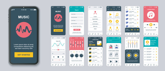Music mobile app screens set for web templates. Pack of login account, playlist, audio player, equalizer, settings, radio and other mockups. UI, UX, GUI user interface kit for layouts. Vector design - obrazy, fototapety, plakaty