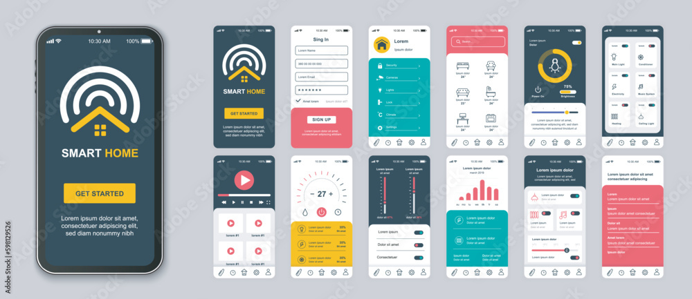 Aufkleber Smart home mobile app screens set for web templates. Pack of login, online monitoring sensors, cctv camera system, automation, other mockups. UI, UX, GUI user interface kit for layouts. Vector design