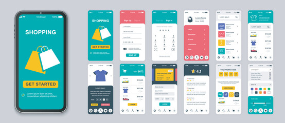 Shopping mobile app screens set for web templates. Pack of login, choose goods, online ordering, payment, promo code and other mockups. UI, UX, GUI user interface kit for layouts. Vector design