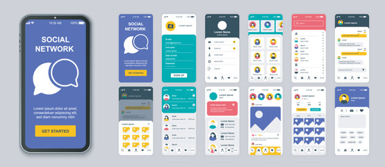 Social network mobile app screens set for web templates. Pack of login, avatar photo, information profile, friends, chats and other mockups. UI, UX, GUI user interface kit for layouts. Vector design - obrazy, fototapety, plakaty