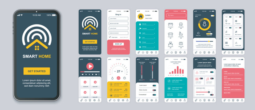 Smart home mobile app screens set for web templates. Pack of login, online monitoring sensors, cctv camera system, automation, other mockups. UI, UX, GUI user interface kit for layouts. Vector design