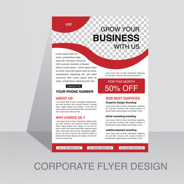 Modern Red Color Flyer Design Template. Corporate Creative Idea Clean Vector Illustration A4 Half Page Single Advertising Brochure Layout .