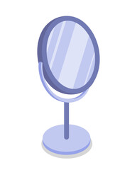 Round hand mirror concept. Cosmetic equipment for makeup in metal frame. Look into reflection. Sticker for social networks and messengers. Cartoon isometric vector illustration