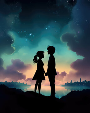 Peter Pan and Wendy standing with their backs to each other silhouettes of hearts breaking between them Psychology emotions concept. AI generation. Generative AI