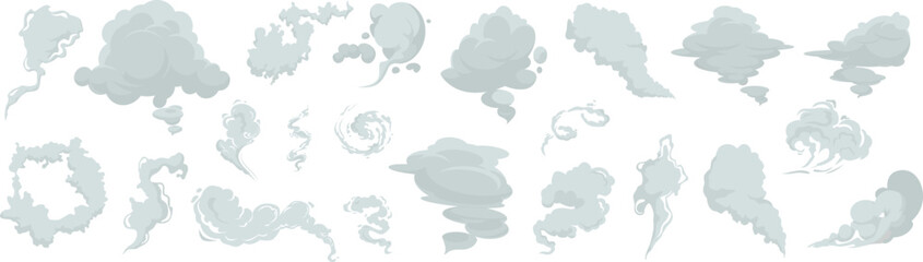 Smoke illustration set for special effects template. Steam clouds, mist, fume, fog, dust, explosion, or vapor 2D VFX. Vector illustration - obrazy, fototapety, plakaty