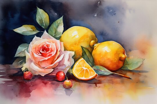 Still life watercolor painting. Still Life with Lemons, Oranges and a Rose. Generative AI
