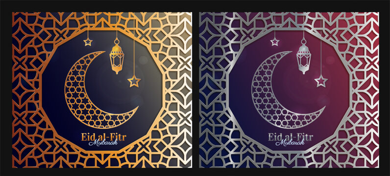 Eid Mubarak gold and silver set. Collection of Ramadan greeting postcards with crescent. Islamic traditions, religion and culture. Realistic flat vector illustrations isolated on black background