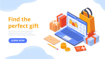 Find gift concept. Laptop with packages and boxes. Present and surprise. Advertising poster or banner for website, marketing. Online shopping and home delivery. Cartoon isometric vector illustration