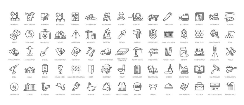 Outline web icons set - building, construction and home repair tools
