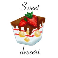 Sweet fruit dessert with strawberries, watercolor digital illustration on a white background