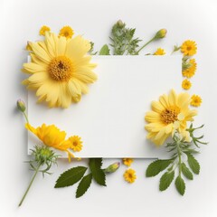 white sheet of paper surrounded by yellow beautiful flowers as a mockup or greeting card. Generative AI Generative AI