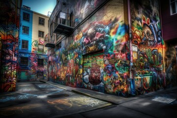 Fototapeta premium Create a vibrant and lively street scene with colorful graffiti and street art. Generative AI