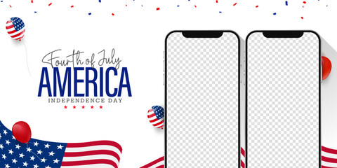 4th of shopping mobile mockup with usa waving flag, balloons decoration. Empty, blank, copy space for product or image. Vector illustration. 
