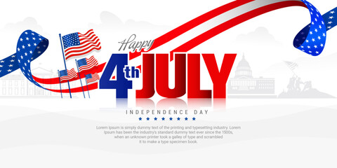 4th of July independence day banner, poster, flyer, background with American waving flag, usa ribbon, and famous landmarks on the white landscape. Vector illustration.