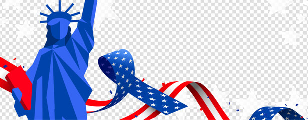 4th of July independence day transparent banner, background, template, poster with the statue of liberty, stars, and usa ribbon. Empty, blank, copy space, for text or images, vector illustration.  © MimiAhmed