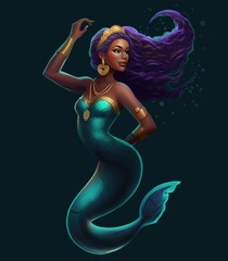 A beautiful african american mermaid with purple hair and golden jewelery isolated on a bottle green underwater world. Fantasy woman. Banner for oceans day, created with generative ai