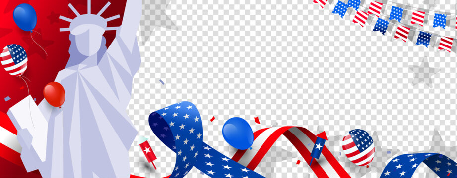 4th of july independence day transparent banner, background, template, poster with the statue of liberty, stars, and usa ribbon. Empty, blank, copy space, for text or images, vector illustration. 