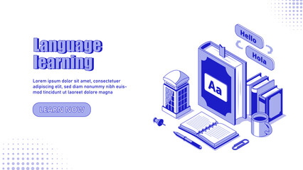 Language learning concept. Postcard book, pen and mug with hot drink, coffee or tea. Hello and hola, translate. International language for communication. Cartoon isometric vector illustration © Rudzhan