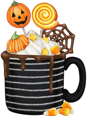 watercolor hand drawn pumpkin spice latte halloween drink enamel cup