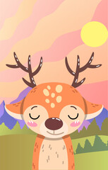 Deer at lawn banner. Animal with horns against backdrop of sunset, forest and mountains. Design element for greeting postcard. Cute character. Cartoon flat vector illustration