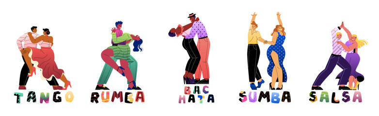 Set of couples dancing latin dances