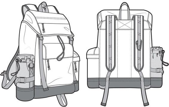 adventure travel backpack flat sketch vector illustration mountain bag technical cad drawing template
