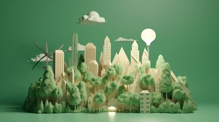 paper art of city concept with renewable energy, wind turbine, hot air balloon light bulb representing conserving energy for earth day, AI