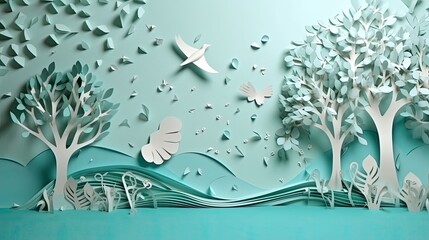 Paper illustration of nature for April 22, World environment and earth day, with birds, trees, landscape, AI