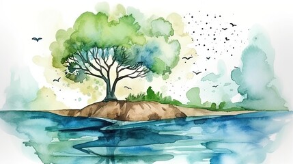 Earth day watercolor art nature, wallpaper background image to save the lake and tree, ecology and world water day, AI - obrazy, fototapety, plakaty