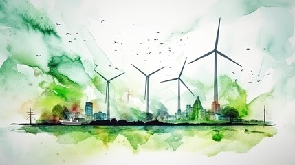watercolor of renewable energy with green energy wind turbines by a town, eco friendly advertising, colorful art AI