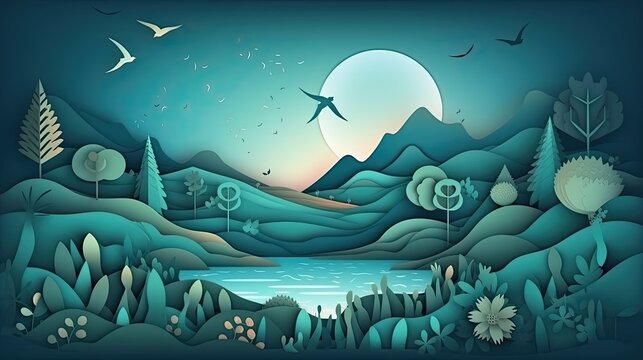 Earth day lake landscape, paper art of the lake for earthday. wallpaper background image to save the lakes and oceans, ecology and world water day, AI