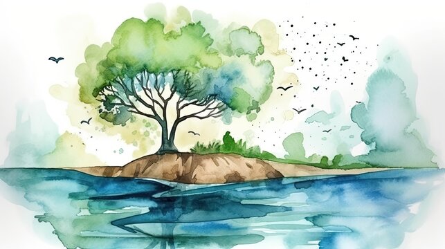 Earth day watercolor art nature, wallpaper background image to save the lake and tree, ecology and world water day, AI