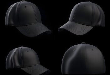 set of black baseball cap isolated on black background