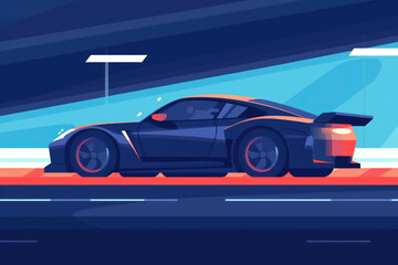Obraz premium A close up of a dark blue sports car flying around a sharp corner on a dirt racing track. Speed drive concept. AI generation. Generative AI