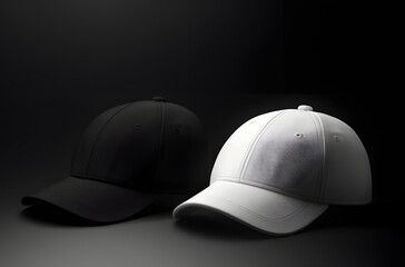 black and white baseball caps on dark background 