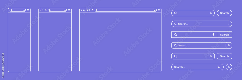 Poster blank web browser, internet page window with toolbar and search bar, field. modern website in flat s