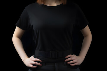 Obraz na płótnie Canvas Front and back views of young woman in stylish t-shirt on black background. Mockup for design