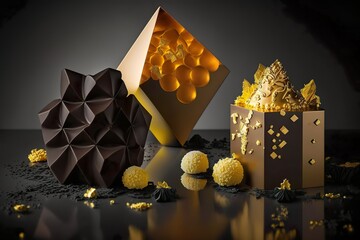 Chocolats noire et dorure sur fond sombre. Ai générative 