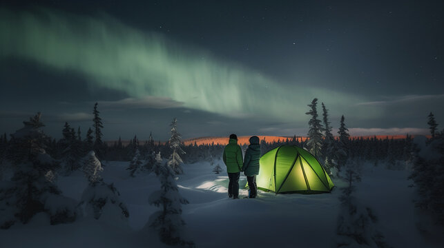 couple watching aurora borealis over the mountain. Image Generative AI.