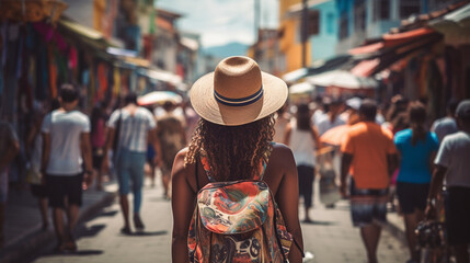 Back view of a young afro woman in a small town caribbean street. Image Generative AI.