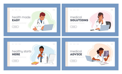 Young Doctor Landing Page Template Set. Male and Female Characters Seated At A Desk With Laptop, Studying Generative AI