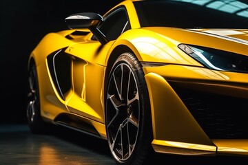 Cool yellow generic exotic sports car in a dark studio illustrated with generative AI - obrazy, fototapety, plakaty